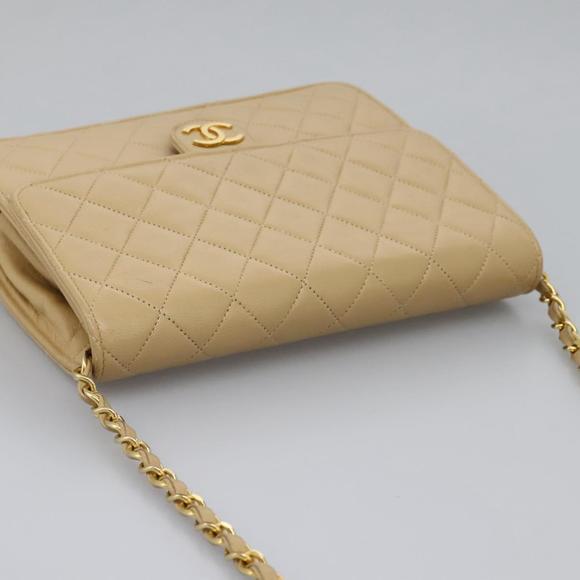 CHANEL Matelasse Chain Shoulder Bag Lamb Skin Beige Gold CC Auth PP327 - Picture 6 of 16
